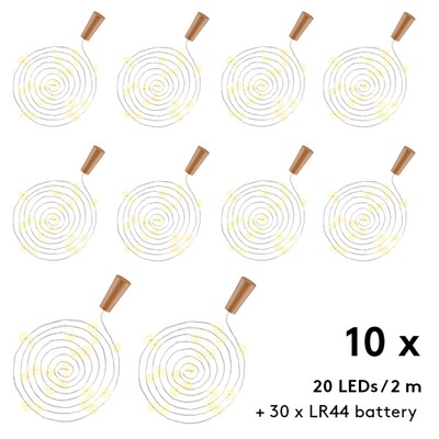 Led svetelná reťaz s 20 LED, "do fľaše", napájanie 3x LR44, biela, 10ks/bal