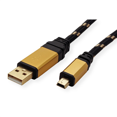 Kábel USB 2.0 A-MINI-B 5pin M/M 0.8m, High Speed, čierny/zlatý, Gold, pozl. konektor