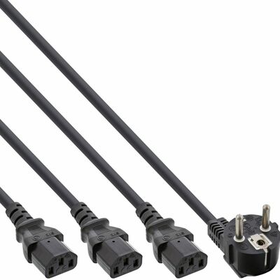 Kábel sieťový 230V, vidlica (CEE7/7) lomená - 3x C13, 2m + 1m & 3m & 2m, 1.00mm2, Y-Kábel, čierny