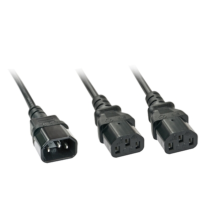 Kábel sieťový 230V predlžovací, 2xC13 - C14, 2m (1.5m, 0.75mm² + 2x0.5m, 0.75mm²), Y-Kábel, čierny
