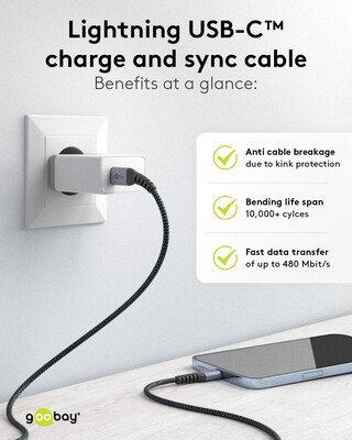 Kábel USB 3.2 Gen 1, Typ C CM/"Lightning" pre Apple, 2m, High Speed, čierny/sivý s MFI cert.