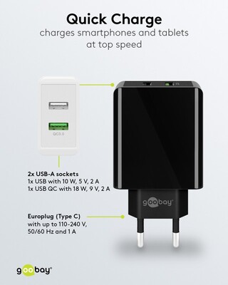 Nabíjačka USB 230V 2port, 2xUSB A, 28W, Quick Charge 3.0, čierna
