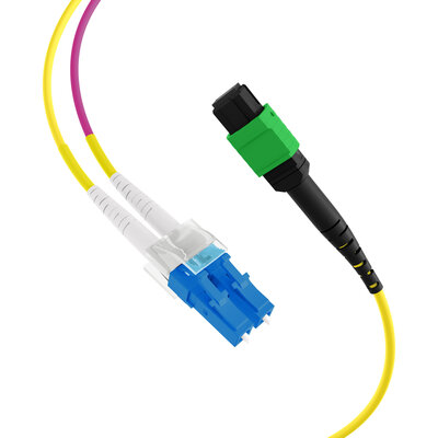 Fiber kábel MTP/APC (F)- 4x LC Duplex (M), 10m OS2(9/125µm), LSOH, 3mm, Trunk Cable, žltý