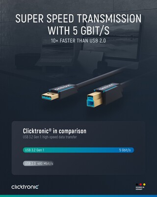Kábel USB 3.2 Gen 1, A-B M/M 3m, 5Gbps, modrý, ClickTronic, pozl. konektor