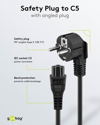 Kábel sieťový 230V pre notebook, vidlica (CEE7/7) lomená - C5, 1.8m, 0.75mm², 2.5A, čierny