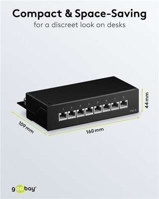Patch panel 8port cat.6, tienený s uzemnením, celokovový, montáž na stenu, 1U, čierny