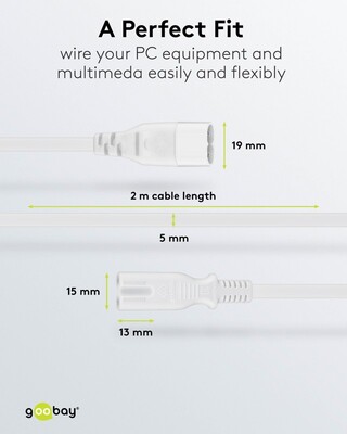 Kábel sieťový 230V 2pin C7 - C8 predlžovací, 2m, 0.75mm², 2.5A, biely