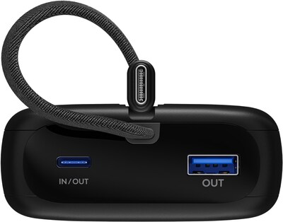 Power Bank 20000mAh, QC 3.0, LED display, zabudovaný kábel USB Typ C 0.13m, 12x7x3cm, čierna