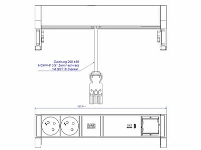 DESK2 2xUTE 230V, 1xCustom, nabíjačka (USB C, 60W), 0.2m kábel 1.5mm², GST18, biely/čierny