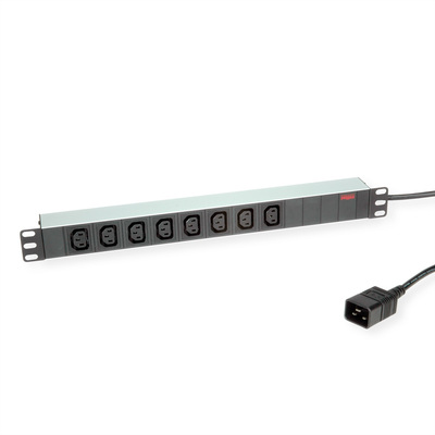 19" zásuv. lišta 8xC13, konektor C20, 16A, 3600W, 2m, čierna/sivá