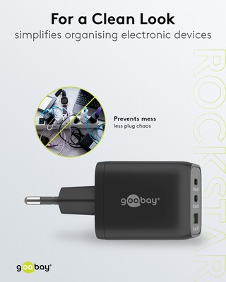 Nabíjačka USB 230V 3port, 1xUSB A, 2xUSB Typ C, 65W, Power Delivery, GaN, čierna