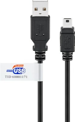 Kábel USB 2.0 A-MINI-B 5pin M/M 1.8m, High Speed, čierny CERT