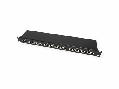 19" Patch panel 24port cat.5e, tienený s uzemnením, celokovový, 1U, čierny