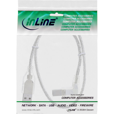Kábel USB 2.0 A-B M/M 1m, High Speed, transparentný, zahnutý doľava 90°
