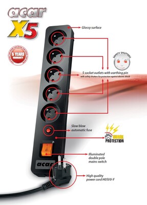 Predlžovačka 5m s 5 záuvkami a vypínačom, 1mm², prepäťová ochrana, čierna, ACARX5