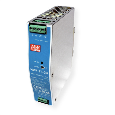 Napájací zdroj MEAN WELL NDR-75-24, montáž na DIN, 75W, 24V DC, 32x125.2x102 mm
