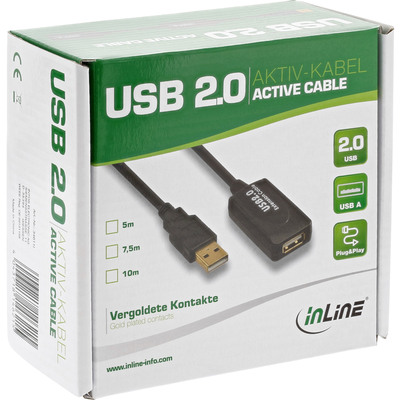 Kábel USB 2.0 A-A M/F 25m, High Speed, predlžovací, čierny, aktívny, pozl. konektor