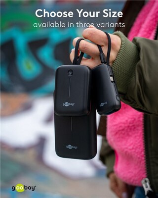 Power Bank 20000mAh, QC 3.0, LED display, zabudovaný kábel USB Typ C 0.13m, 12x7x3cm, čierna