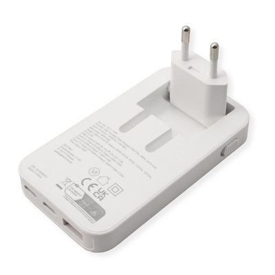 Nabíjačka USB 230V 3port, 1xUSB A, 2xUSB Typ C, 65W, PD, QC 3.0, cestvoná/skladacia, biela