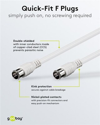 Kábel satelitný, koax F-konektor QUICK M/M 2.5m, 75 Ohm, 80dB, 2x tienený, CCS, biely