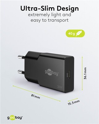 Nabíjačka USB 230V 1x USB Typ C, 20W, GaN, Power Delivery, slim, čierna
