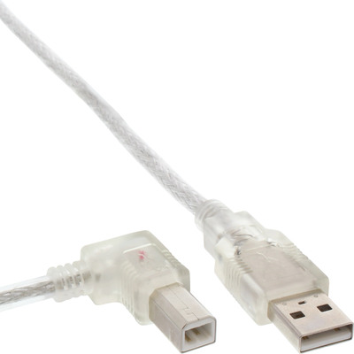 Kábel USB 2.0 A-B M/M 2m, High Speed, transparentný, uhľový 90° doľava
