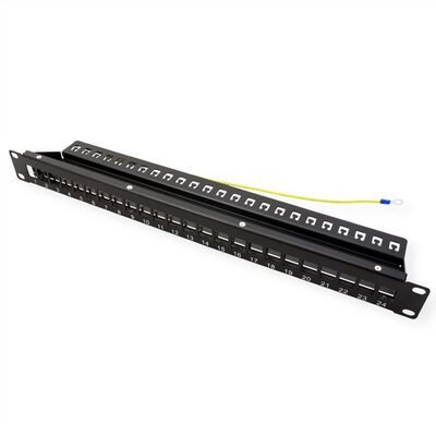 19" Patch panel 24port Keystone, tienený s uzemnením, celokovový, 1U, čierny