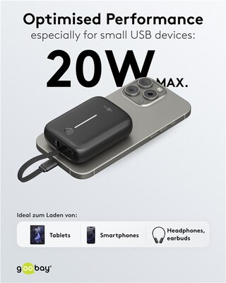 PowerBank 10000mAh, QC 3.0, LED display, zabudovaný kábel USB Typ C 0.13m, 8x6x3cm, čierna