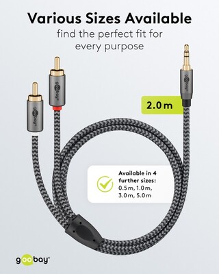 Kábel 3.5mm stereo/2xCinch M/M 2m, čierny/sivý, pozl. konektor
