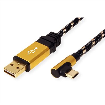 Kábel USB 2.0 Typ C AM/CM 1.8m, High Speed, čierny/zlatý, Gold, pozl. konektor, zahnutý 90°
