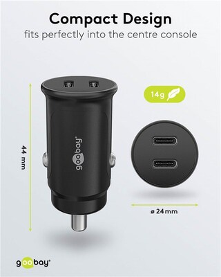 Nabíjačka USB do auta 2port, 2xUSB Typ C, 30W, Power Delivery, Fast Charge, Mini, čierna