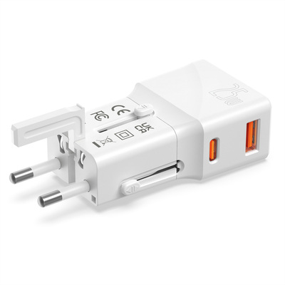 Nabíjačka USB 230V 2port, EU/UK/US, 1xUSB A, 1xUSB Typ C, 25W, PD, QC 3.0, cestovná/skladacia, biela