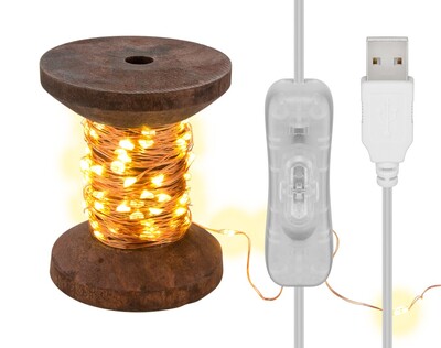 LED svetelná reťaz na drevenej cievke, napájanie USB, vypínač, 100 LED, 10m