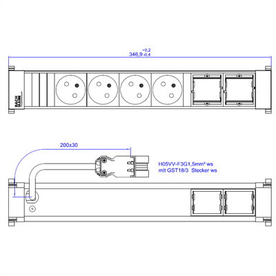 Power Frame 4xUTE 230V, 2xCustom, 0.2m kábel 1.5mm², GST18, biely