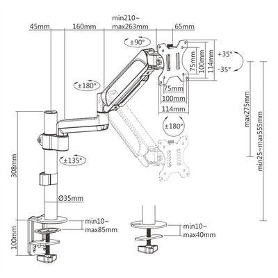 Držiak pre monitor na stôl, úchyt o dosku, pneumatický, max 9kg, rameno 423mm, VESA 75/100, čierny