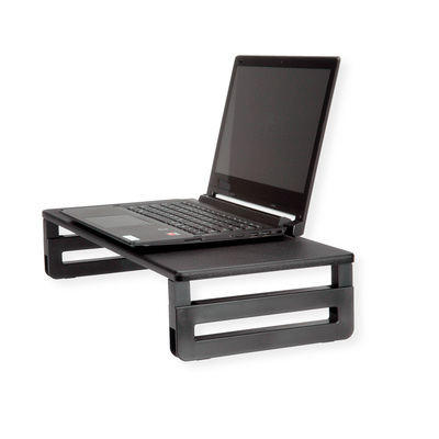 Stojan/podstavec na monitor/notebook, výškovo nastaviteľný, čierny, drevený