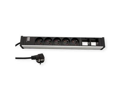 UNIVERSAL 5xUTE 230V, 2xCustom, 3m kábel 1.5mm², vidlica CEE7/7, hliník/čierny