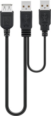 Kábel USB 2.0 2xA-A M/F 0.3m, High Speed, predlžovací, čierny, Y-kábel, Extra napájanie