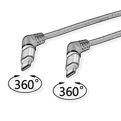 Kábel USB 2.0 Typ C CM/CM 2m, High Speed, čierny/červený, uhľový 90°, otočné konektory