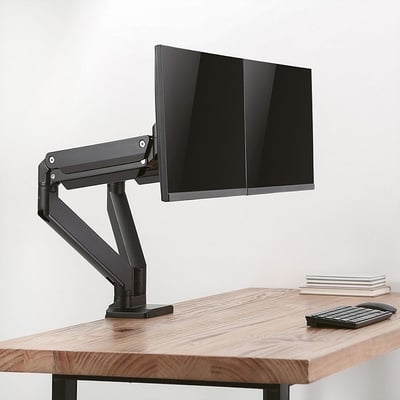 Držiak pre 2x monitor na stôl, úchyt o dosku, pneumatický, max 15kg, rameno 526mm, VESA75/100, čiern