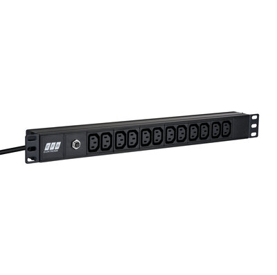 19" zásuv. lišta 12xC13, konektor C14, 10A, 2300W, vypínač, 1.8m, čierna