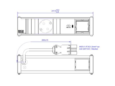 CONI modul, 1xSCHUKO zásuvka 230V, 1xUSB C 30W, 1xCustom, 0.2m kábel 1.5mm², GST18, hliník/čierny