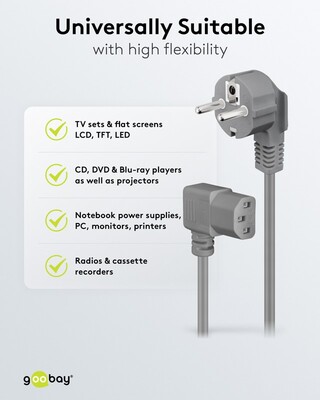 Kábel sieťový 230V, vidlica (CEE7/7) lomená - C13 zahnutý (doprava), 2m, 0.75mm², 10A, sivý