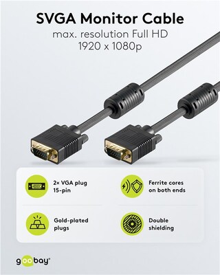 Kábel VGA M/M 2m, prepojovací, tienený, DDC, ferrit, HQ, čierny, premium, pozl. konektor