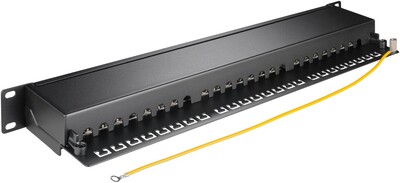 19" Patch panel 24port cat.6a, tienený s uzemnením, celokovový, 1U, čierny