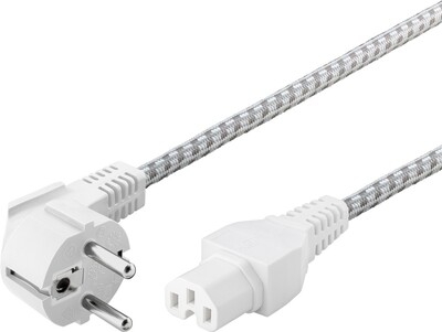 Kábel sieťový 230V, vidlica (CEE7/7) lomená - C15, 2m, 0.75mm², 10A, textilný, biely