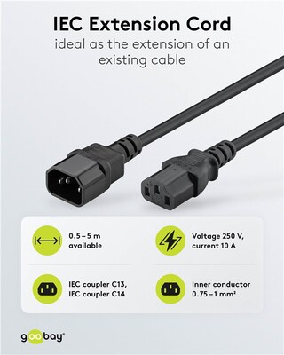 Kábel sieťový 230V predlžovací, C13 - C14, 0.5m, 0.75mm², 10A, čierny