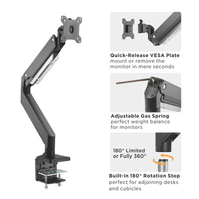 Držiak pre monitor na stôl, úchyt o dosku, pneumatický, max 15kg, rameno 526mm, VESA 75/100, čierny