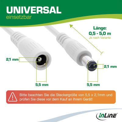 Kábel predlžovací DC 5.5mm / 2.1mm, AWG24, 1m, biely