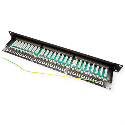 19" Patch panel 24port cat.6a, tienený s uzemnením, celokovový, 1U, čierny